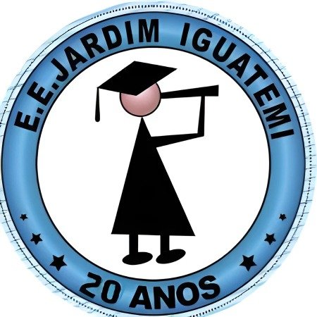 Logo da Escola Estadual Jardim Iguatemi com desenho de estudante usando beca e binóculo, cercado por selo azul com os dizeres “E.E. Jardim Iguatemi – 20 Anos”.