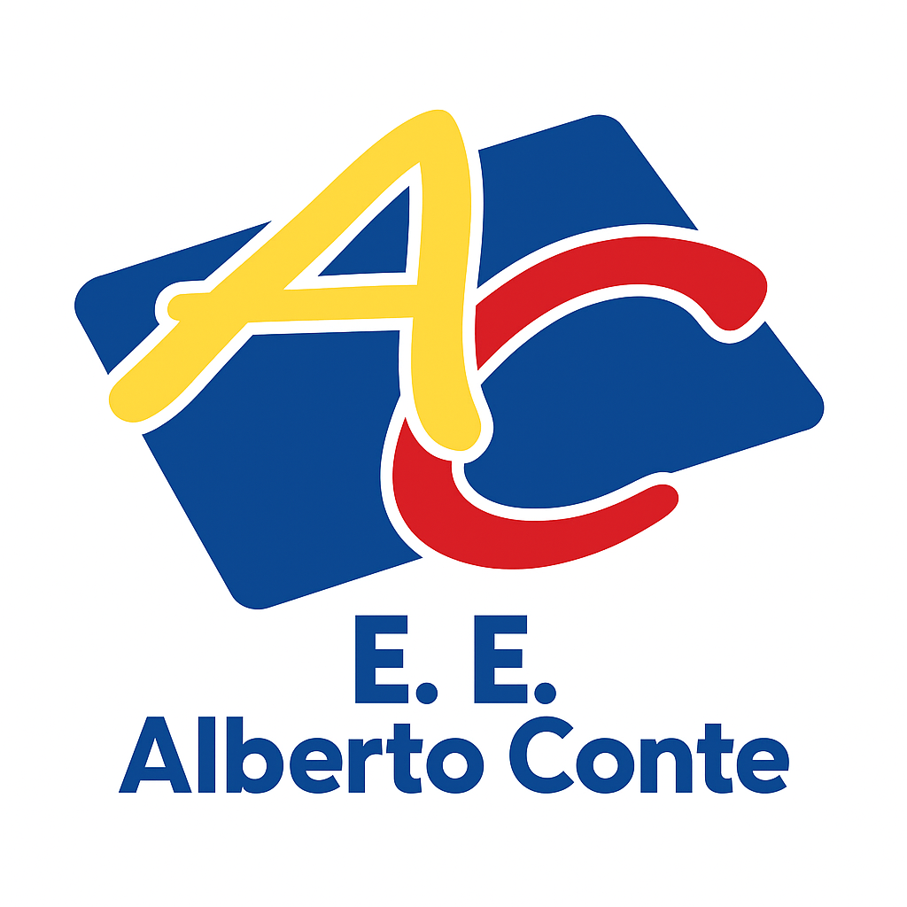 Logotipo da Escola Estadual Professor Alberto Conte com as letras AC estilizadas nas cores amarela e vermelha sobre fundo azul.