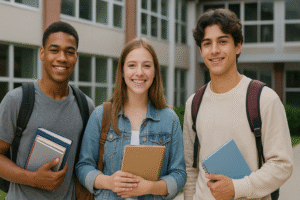 Estudantes do ensino médio sorrindo em frente a uma escola moderna, representando o Novo Ensino Médio.