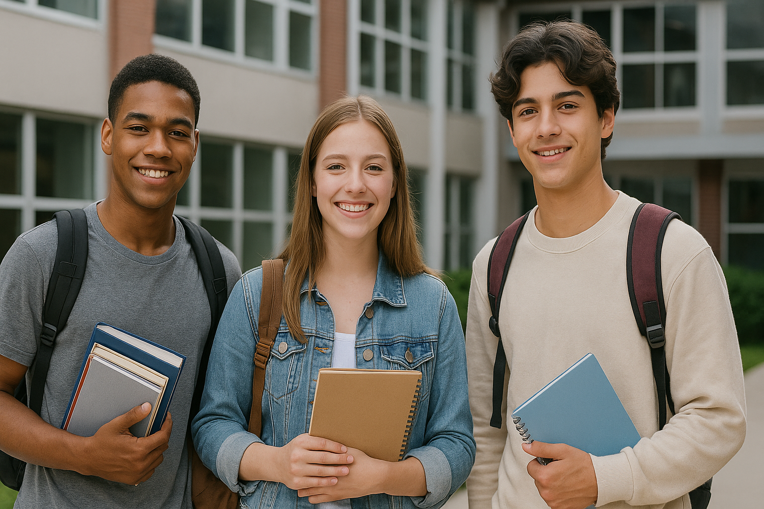Estudantes do ensino médio sorrindo em frente a uma escola moderna, representando o Novo Ensino Médio.