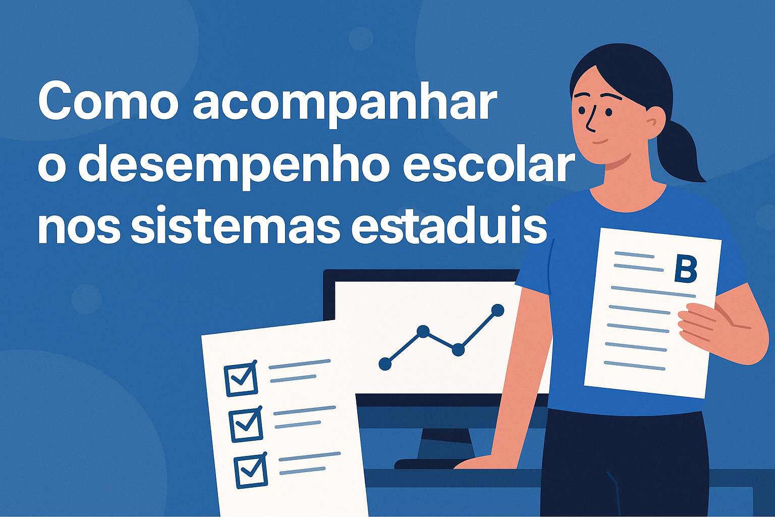 Mulher segurando boletim escolar ao lado de computador com gráfico e checklist, ilustrando o acompanhamento do desempenho nos sistemas estaduais.