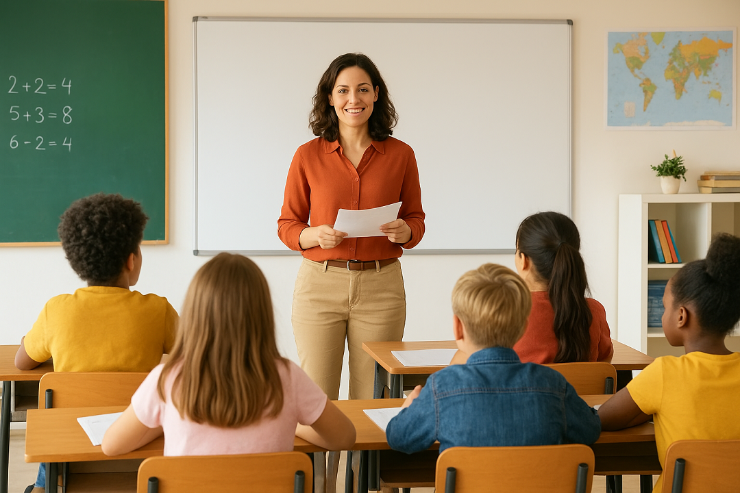 Professora ministra aula para grupo de alunos em sala bem iluminada, com quadro e mapa ao fundo.
